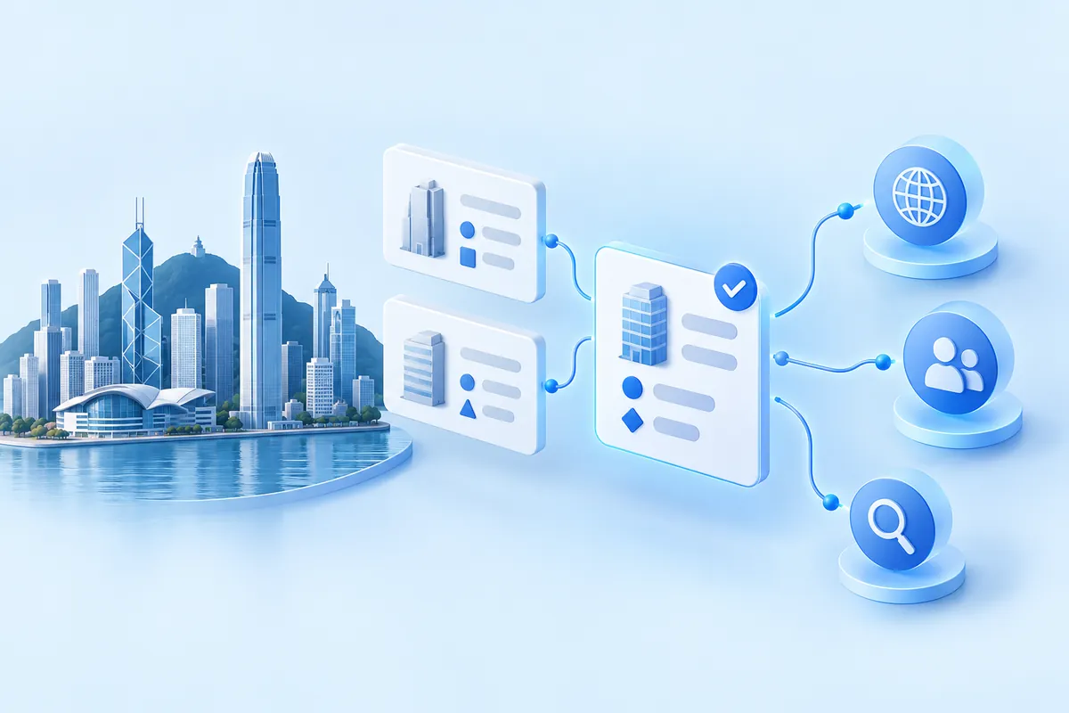 企業資料卡連接至公司資訊網絡的概念插圖。